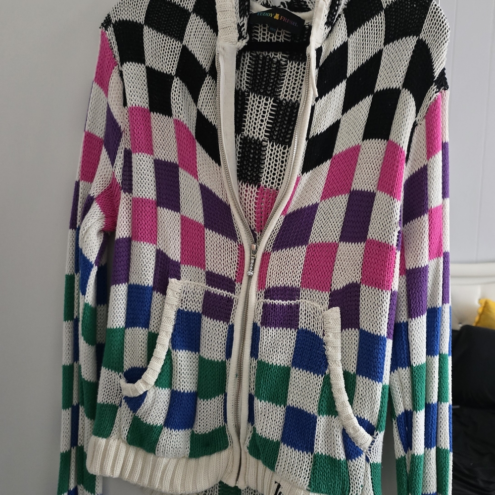 Teddy Fresh Multicolored Checkered Knit Cardigan